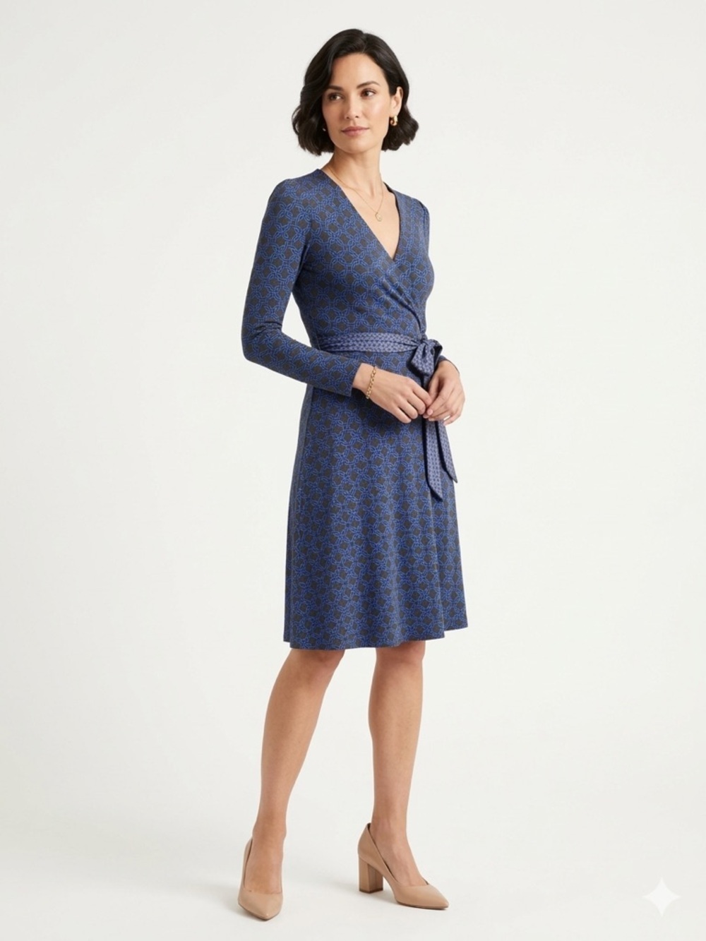 Boden Blue Geometric Chain Print Wrap Dress Size 2R V-Neck Stretch Viscose